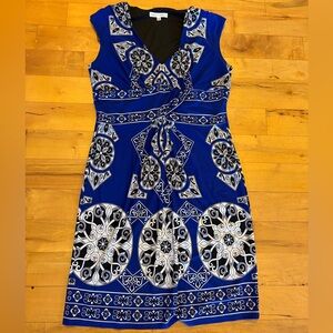 Sandra Darren Blue Sheath Midi Dress V-Neck Sleeveless